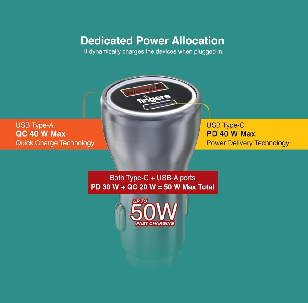 FINGERS DoublePower 50W Dual Port Car Charger with USB-C PD & USB-A QC Fast Charging, AI Intelligent Chipset, Compatible with Smartphones, Tablets & Smartwatches - (Grey)