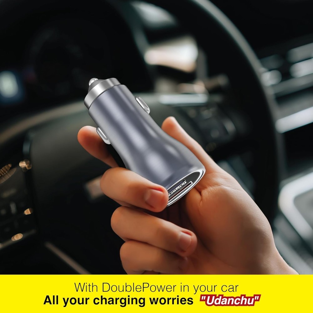 FINGERS DoublePower 50W Dual Port Car Charger with USB-C PD & USB-A QC Fast Charging, AI Intelligent Chipset, Compatible with Smartphones, Tablets & Smartwatches - (Grey)