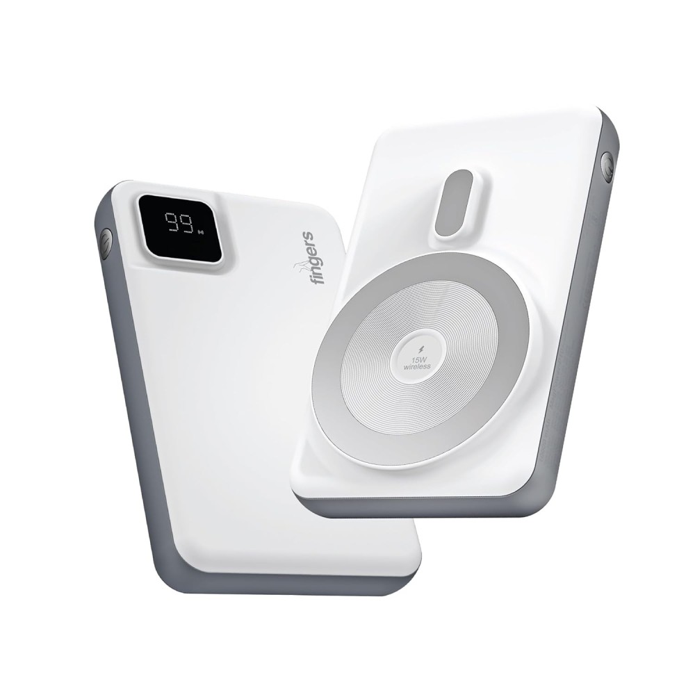 FINGERS MagPower-P10 10,000mAh Wireless Power Bank with 22.5W Wired & 15W MagSafe Wireless Fast Charging, Digital Display, 4 Outputs & 2 Inputs – Compatible with iPhone 12 & Above, Android & Qi-Enabled Devices - (White)