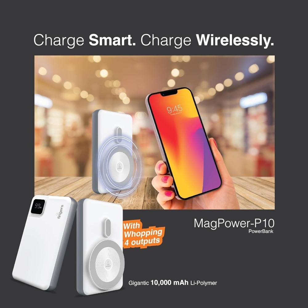 FINGERS MagPower-P10 10,000mAh Wireless Power Bank with 22.5W Wired & 15W MagSafe Wireless Fast Charging, Digital Display, 4 Outputs & 2 Inputs – Compatible with iPhone 12 & Above, Android & Qi-Enabled Devices - (White)
