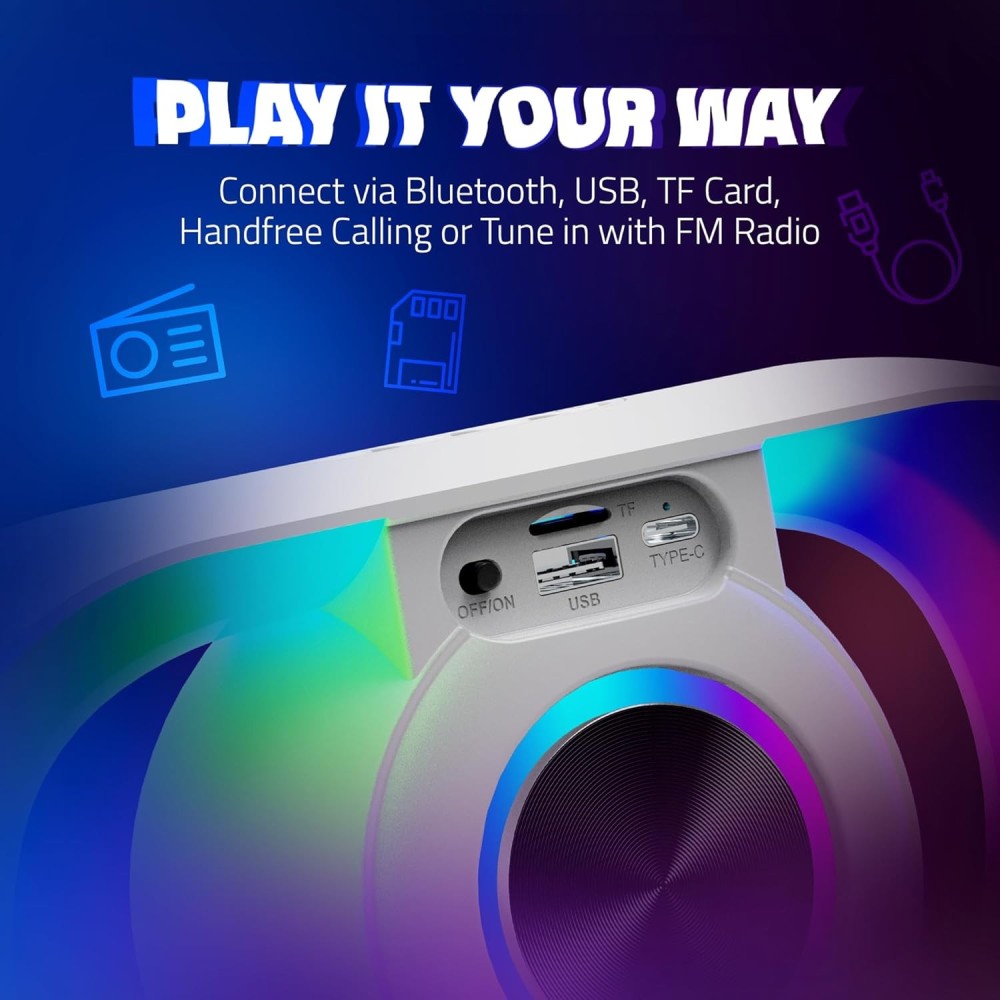 Artis BT101 Wireless Bluetooth Speaker with RGB Glow Lights, USB Input, TF Card Input and Hands Free Calling (16W RMS Output)(White)