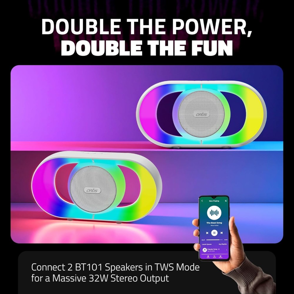 Artis BT101 Wireless Bluetooth Speaker with RGB Glow Lights, USB Input, TF Card Input and Hands Free Calling (16W RMS Output)(White)