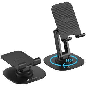 Portronics Mobot III 360° Rotatable & Foldable Mobile Holder Stand with Adjustable Height, Metal Base, Anti-Skid Pad | Tabletop Phone Stand for Smartphones, Tablets, iPad & Kindle(Black)