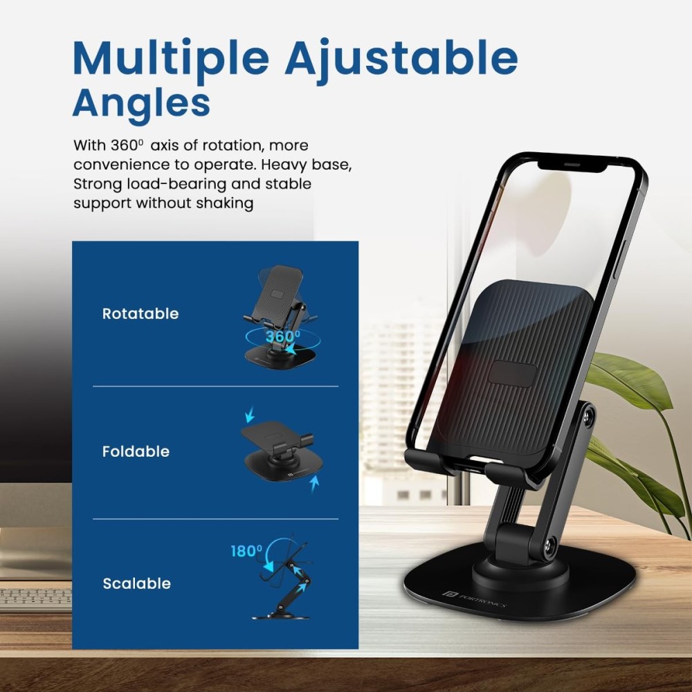 Portronics Mobot III 360° Rotatable & Foldable Mobile Holder Stand with Adjustable Height, Metal Base & Anti-Skid Pad for Smartphones, Tablets, iPad & Kindle – (Black)