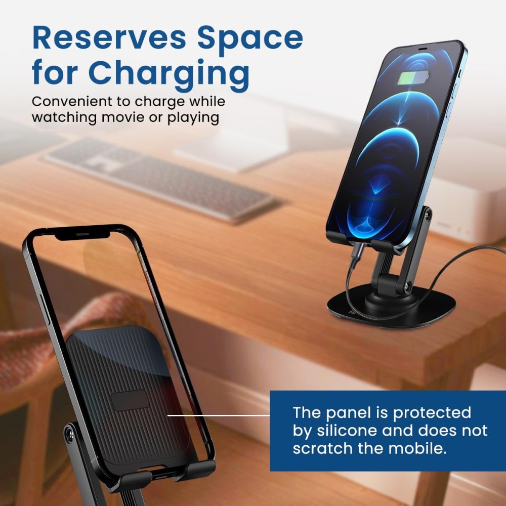 Portronics Mobot III 360° Rotatable & Foldable Mobile Holder Stand with Adjustable Height, Metal Base & Anti-Skid Pad for Smartphones, Tablets, iPad & Kindle – (Black)