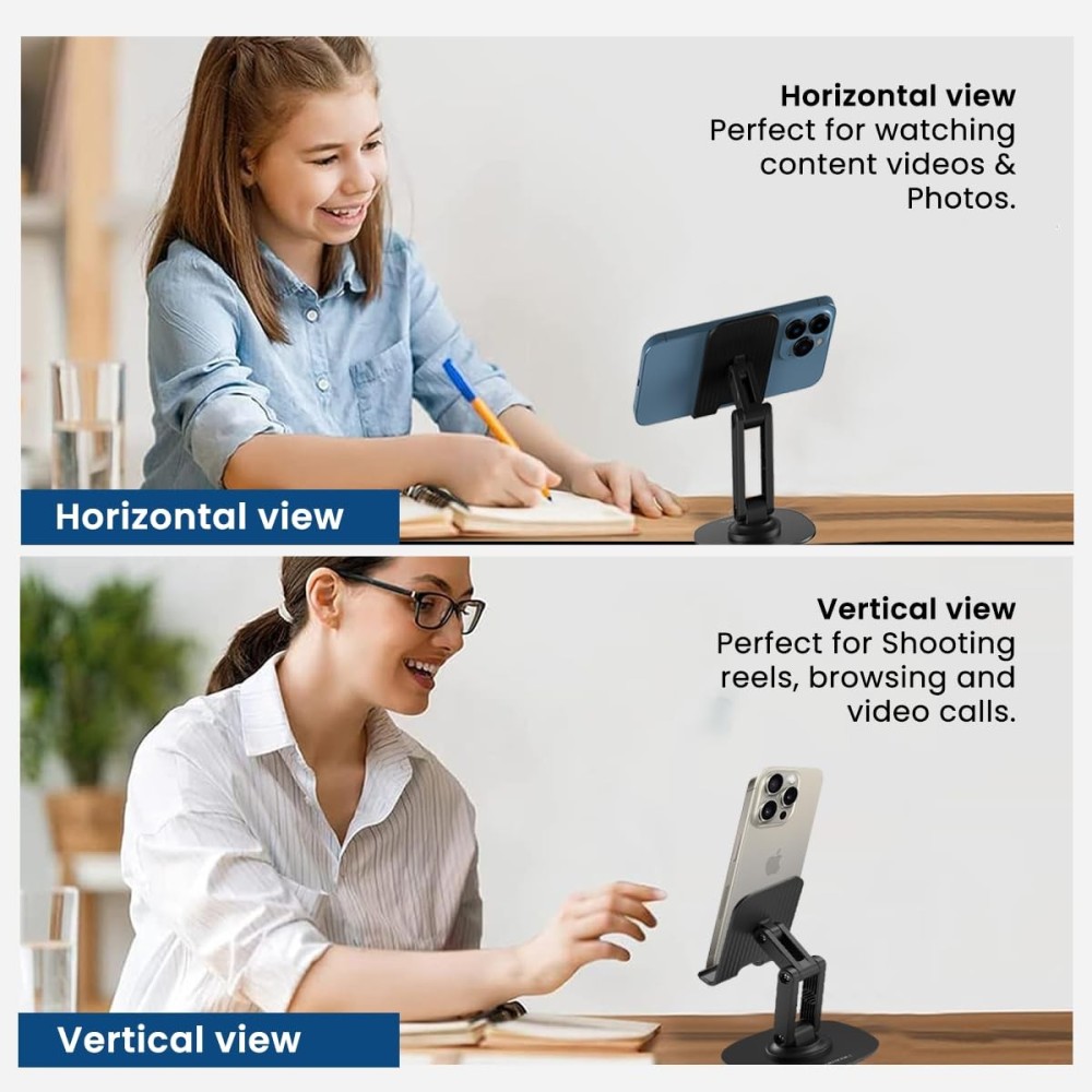 Portronics Mobot III 360° Rotatable & Foldable Mobile Holder Stand with Adjustable Height, Metal Base & Anti-Skid Pad for Smartphones, Tablets, iPad & Kindle – (Black)