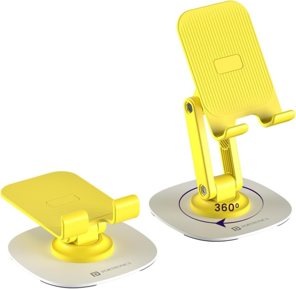 Portronics Mobot III 360° Rotatable & Foldable Mobile Phone Holder Stand with Adjustable Height, Metallic Base, Anti-Skid Pad for Smartphones, Tablets, iPad & Kindle(Yellow)