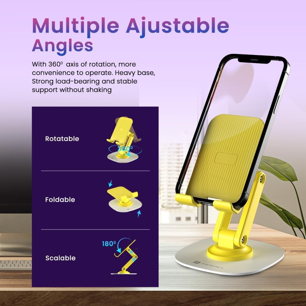 Portronics Mobot III 360° Rotatable & Foldable Mobile Phone Holder Stand with Adjustable Height, Metallic Base, Anti-Skid Pad for Smartphones, Tablets, iPad & Kindle(Yellow)