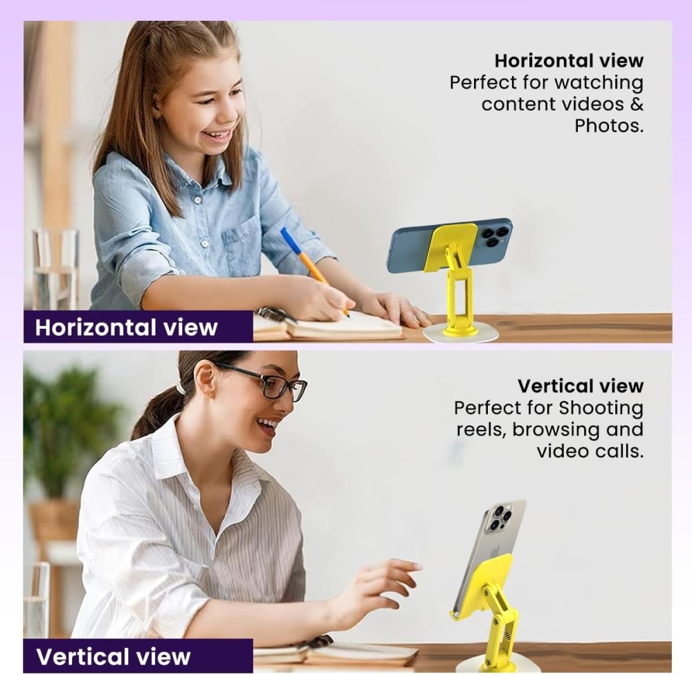 Portronics Mobot III 360° Rotatable & Foldable Mobile Phone Holder Stand with Adjustable Height, Metallic Base, Anti-Skid Pad for Smartphones, Tablets, iPad & Kindle(Yellow)