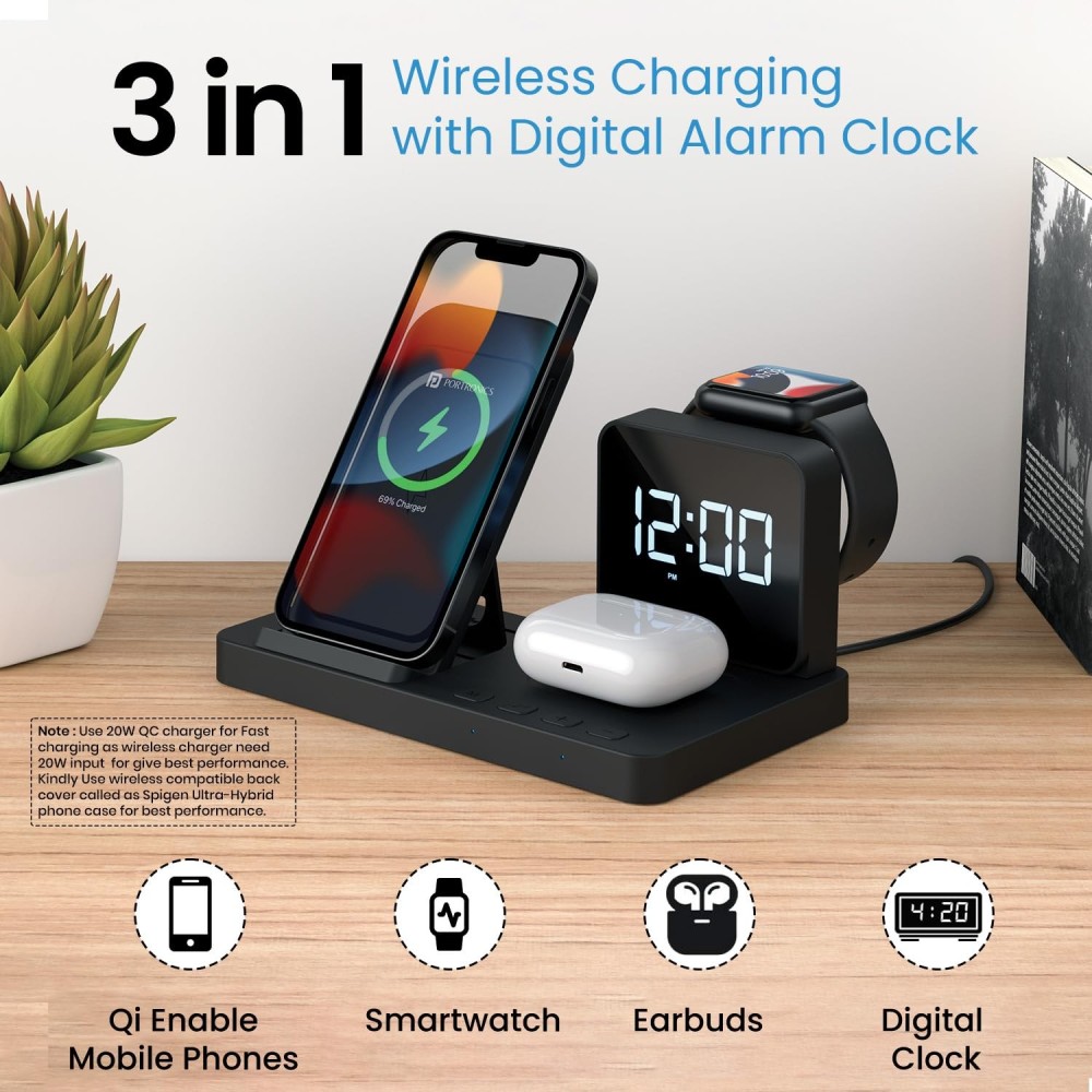 Portronics Bella 15W 3-in-1 Magnetic Wireless Charger for iPhone 15/14/13 Series, Apple Watch & AirPods | Fast Charging Stand(Black)