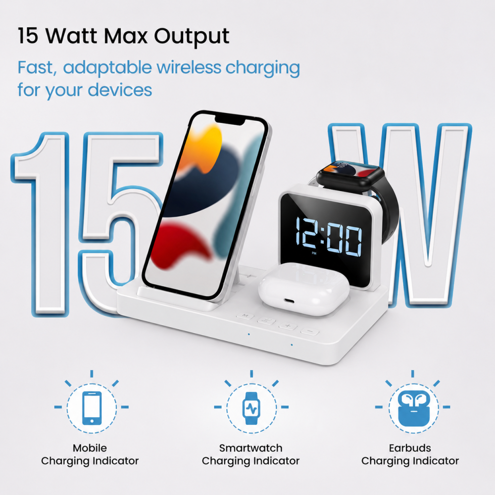 Portronics Bella 15W 3-in-1 Magnetic Wireless Charger for iPhone 15/14/13 Series, Apple Watch & AirPods | Fast Charging Stand(White)