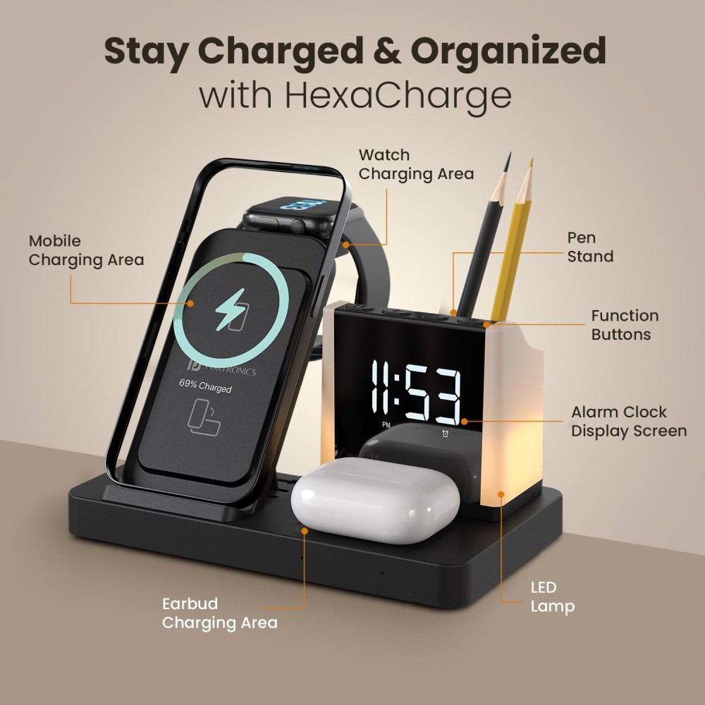 Portronics HexaCharge 6-in-1 15W Fast Magnetic Wireless Charger with LED Lamp & Pen Stand for iPhone 15/14/13/12 Series, Smartwatch & Wireless Earbuds(Black)