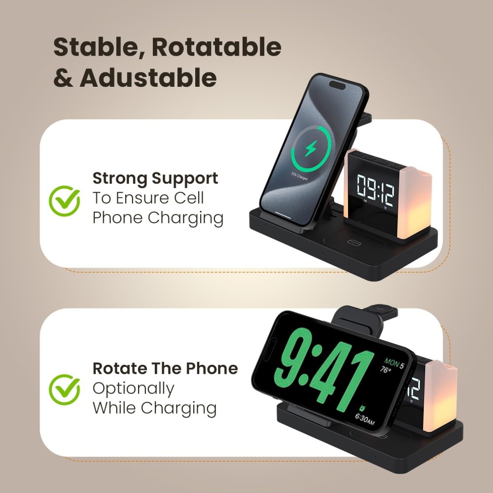 Portronics HexaCharge 6-in-1 15W Fast Magnetic Wireless Charger with LED Lamp & Pen Stand for iPhone 15/14/13/12 Series, Smartwatch & Wireless Earbuds(Black)
