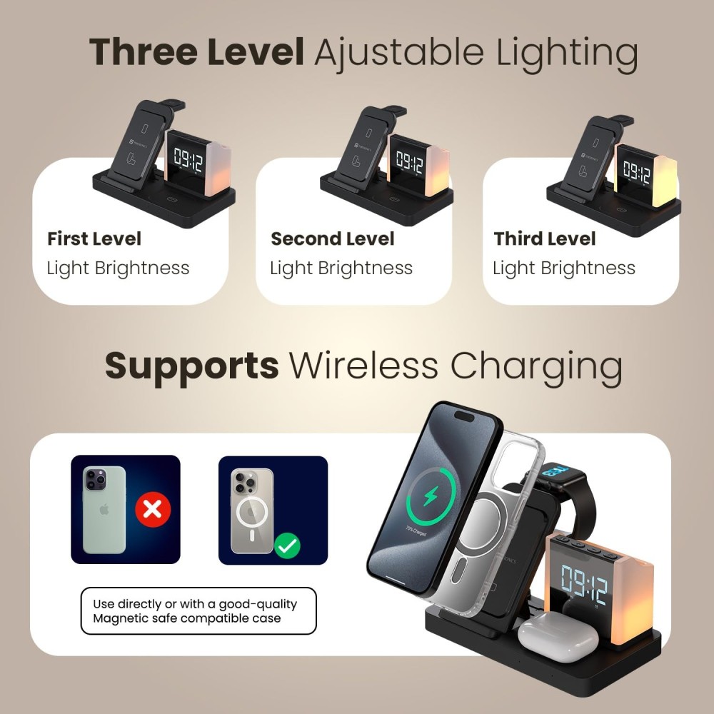 Portronics HexaCharge 6-in-1 15W Fast Magnetic Wireless Charger with LED Lamp & Pen Stand for iPhone 15/14/13/12 Series, Smartwatch & Wireless Earbuds(Black)