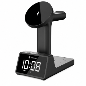 Portronics Bella 2 15W 3-in-1 Magnetic Wireless Charging Station with Digital Alarm Clock | Fast Charging Pad for iPhone, AirPods & Apple Watch(Black)