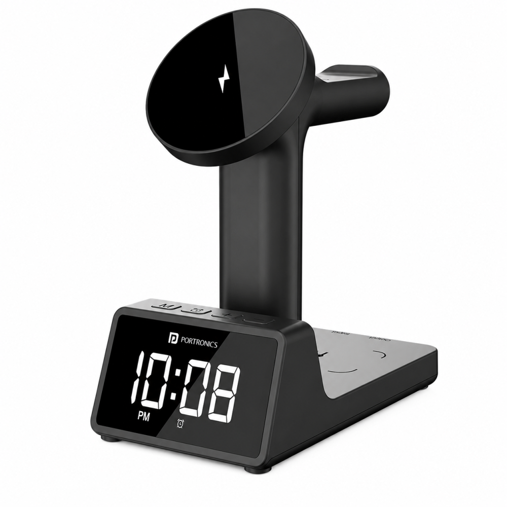 Portronics Bella 2 15W 3-in-1 Magnetic Wireless Charging Station with Digital Alarm Clock | Fast Charging Pad for iPhone, AirPods & Apple Watch(Black)