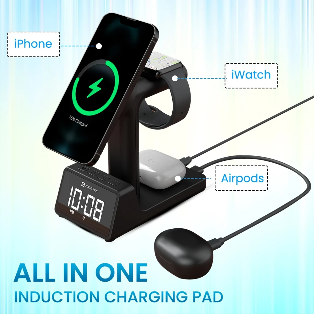Portronics Bella 2 15W 3-in-1 Magnetic Wireless Charging Station with Digital Alarm Clock | Fast Charging Pad for iPhone, AirPods & Apple Watch(Black)