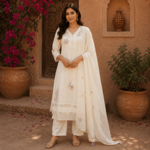Beautiful Plus Size Mul Cotton Half White Embroidered 3 Piece Kurta Set with Dupatta & Pants for Women, Elegant Ethnic Wear - (CMHT0421)
