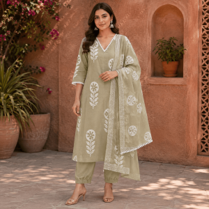 Beautiful Plus Size Light Green Cotton 3 Piece Kurta Set with Printed Dupatta & Pants for Women, Elegant Ethnic Wear - (CMHT0410)