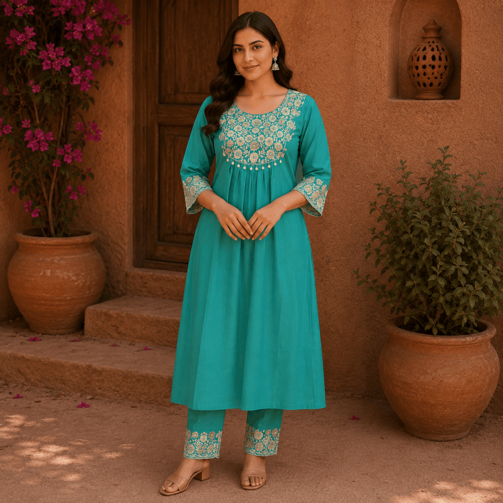Beautiful Plus Size Light Sea Green Embroidered 3 Piece Kurta Set with Matching Dupatta & Pants for Women, Premium Ethnic Wear - (CMHT0356)