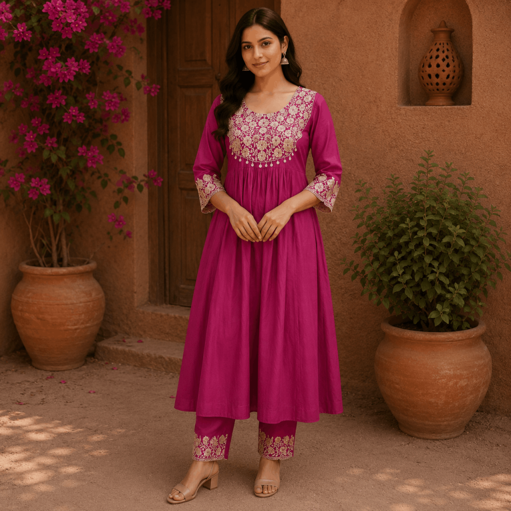 Beautiful Plus Size Magenta Pink Embroidered 3 Piece Kurta Set with Organza Dupatta & Matching Pants for Women, Premium Ethnic Wear - (CMHT0355)