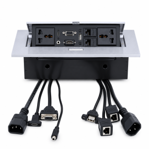 UPORT USB-C Pop Up Table Power Socket with HDMI, VGA, USB, LAN & 3.5mm Audio, 10-Module Hydraulic Hidden Power Box for Office Desk & Conference Table - (Silver)