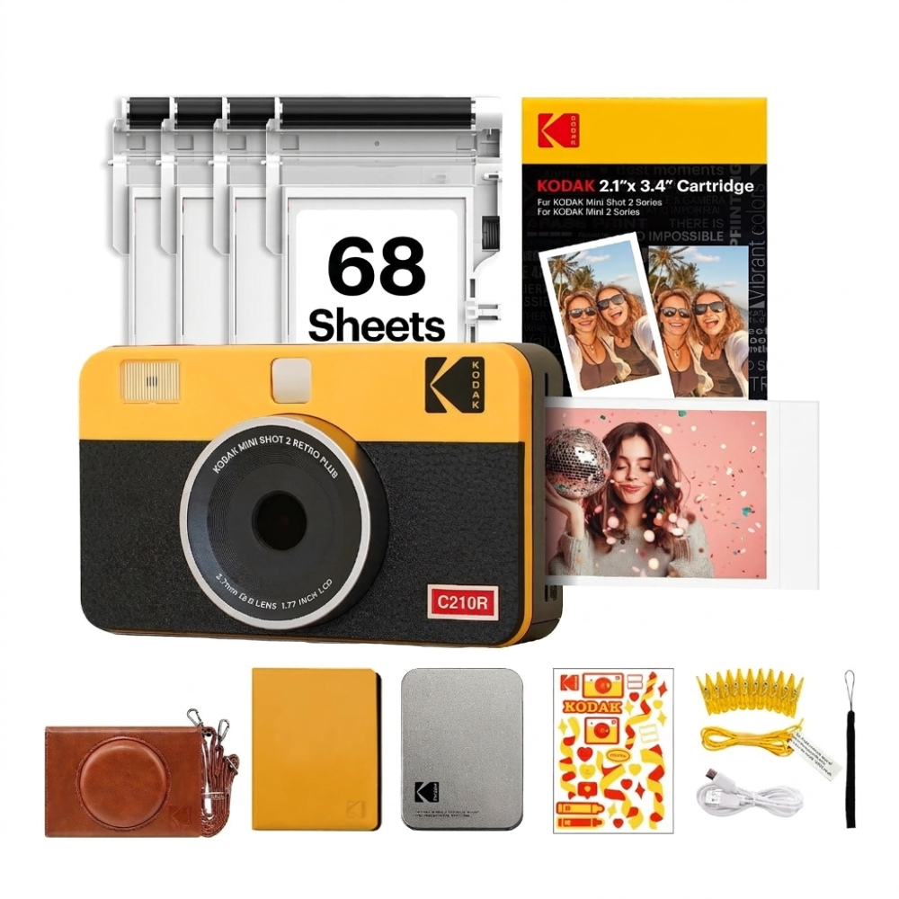 Kodak Mini Shot 2 Retro 4PASS 2-in-1 Instant Camera & Photo Printer (2.1 x 3.4 Inch) | Includes 68 Photo Sheets Gift Bundle | Bluetooth Portable Instant Print Camera-(Yellow)