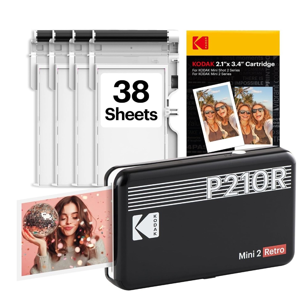 Kodak Mini 2 Retro Portable Photo Printer + 38 Sheets Bundle-(Black)