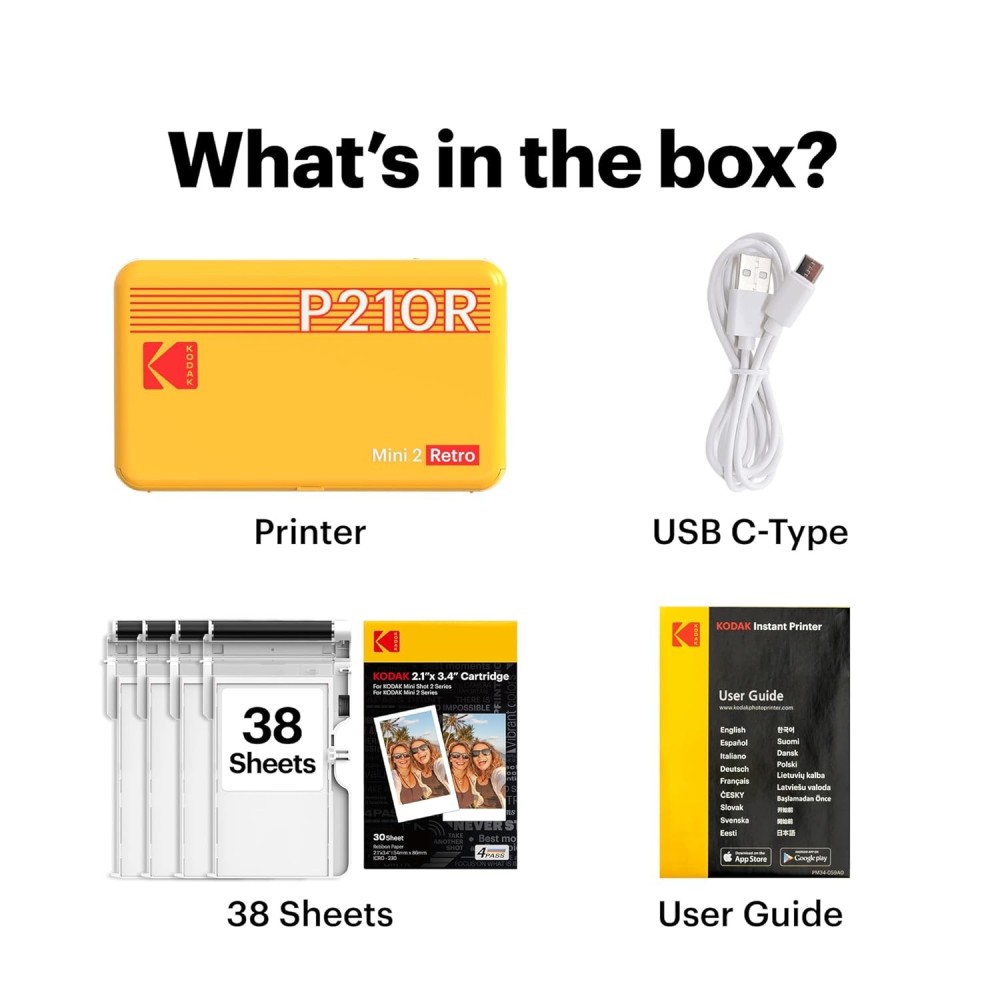 Kodak Mini 2 Retro Portable Photo Printer + 38 Sheets Bundle-(Black)