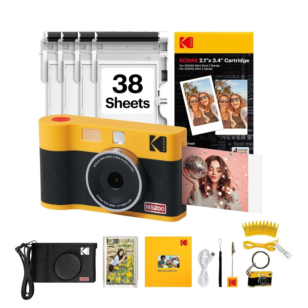 KODAK Mini Shot 2 ERA 4PASS 2-in-1 Instant Camera and Photo Printer (Camera + Initial 8 Sheets + 60 Sheets + Accessories)-(Black)
