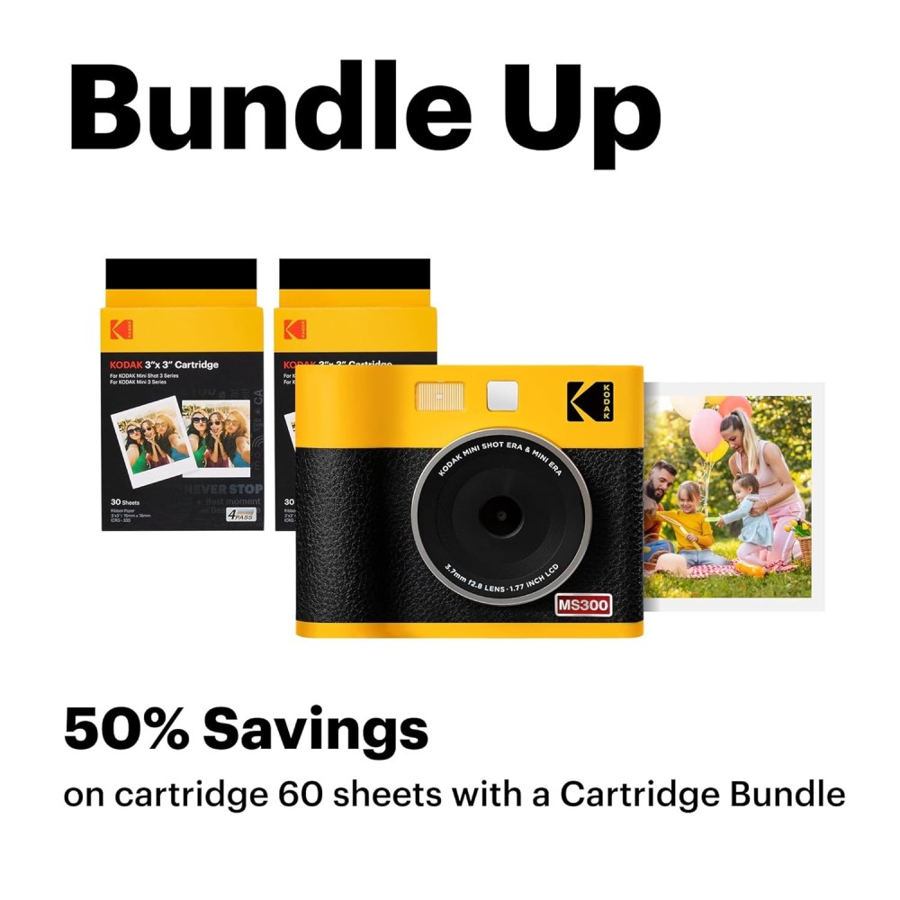 KODAK Mini Shot 3 ERA 4PASS 2-in-1 Instant Camera and Photo Printer (Camera + 8 Sheets)-(Yellow)