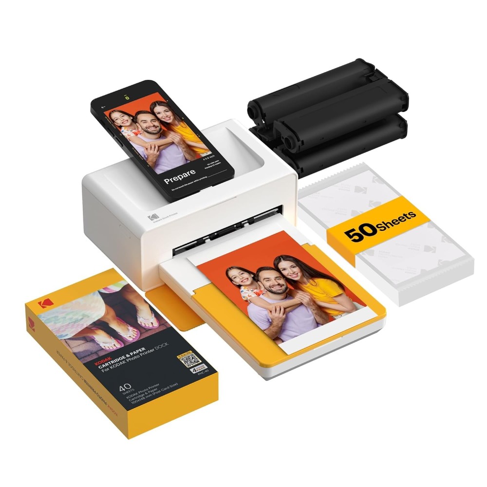 Kodak Dock Plus 4PASS Instant Photo Printer Bundle (4x6 Inch) | Wireless Color Photo Printer with 90 Sheets-(White)