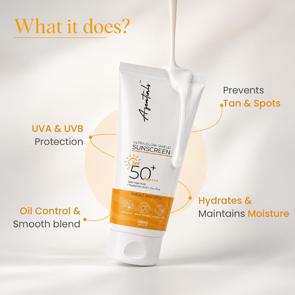 SPF 50+ PA++++ Ultra Glow Shield Sunscreen with Hyaluronic Acid, Kojic Acid & Zinc PCA