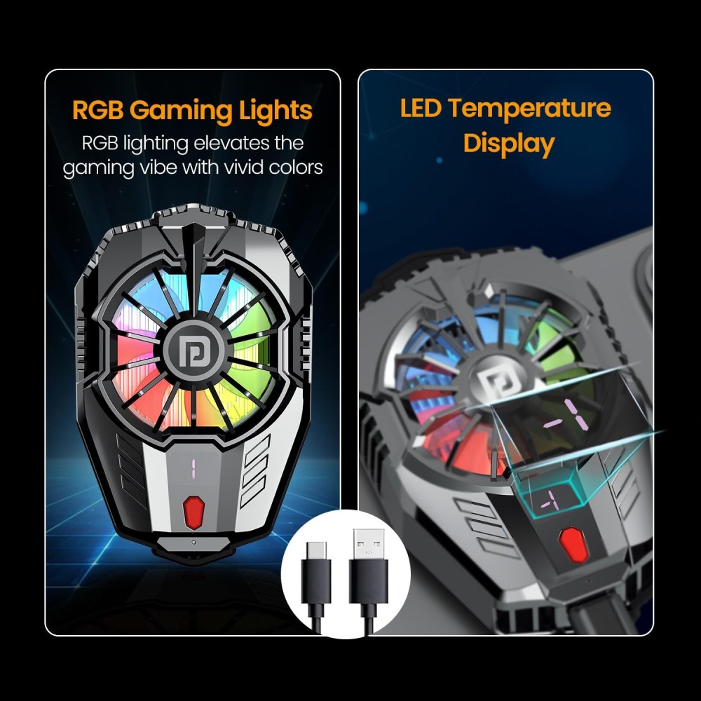 Portronics Coolpluse Instant Mobile Cooler with Radiator Cooling Technology, 3 Cooling Modes, Temperature Display, RGB LED Light, Refrigeration Chip & Gaming Fan for Android and iPhone – (Bla