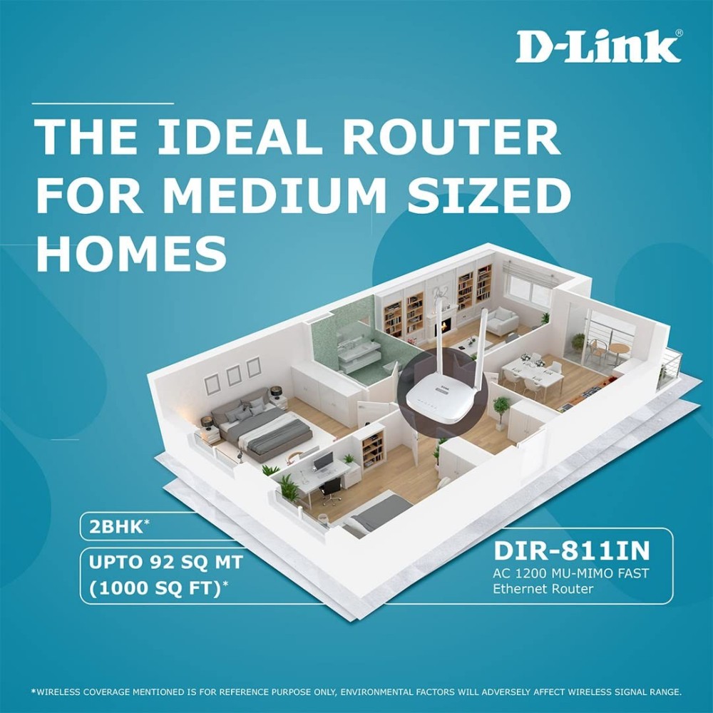 D-Link AC1200 DIR-811 Dual Band Wi-Fi Speed Up to 867 Mbps/5 GHz + 300 Mbps/2.4 GHz, 2 Fast Ethernet Ports, 2 External Antennas and WiFi Coverage with Access Point Mode, WPS Protected(White)