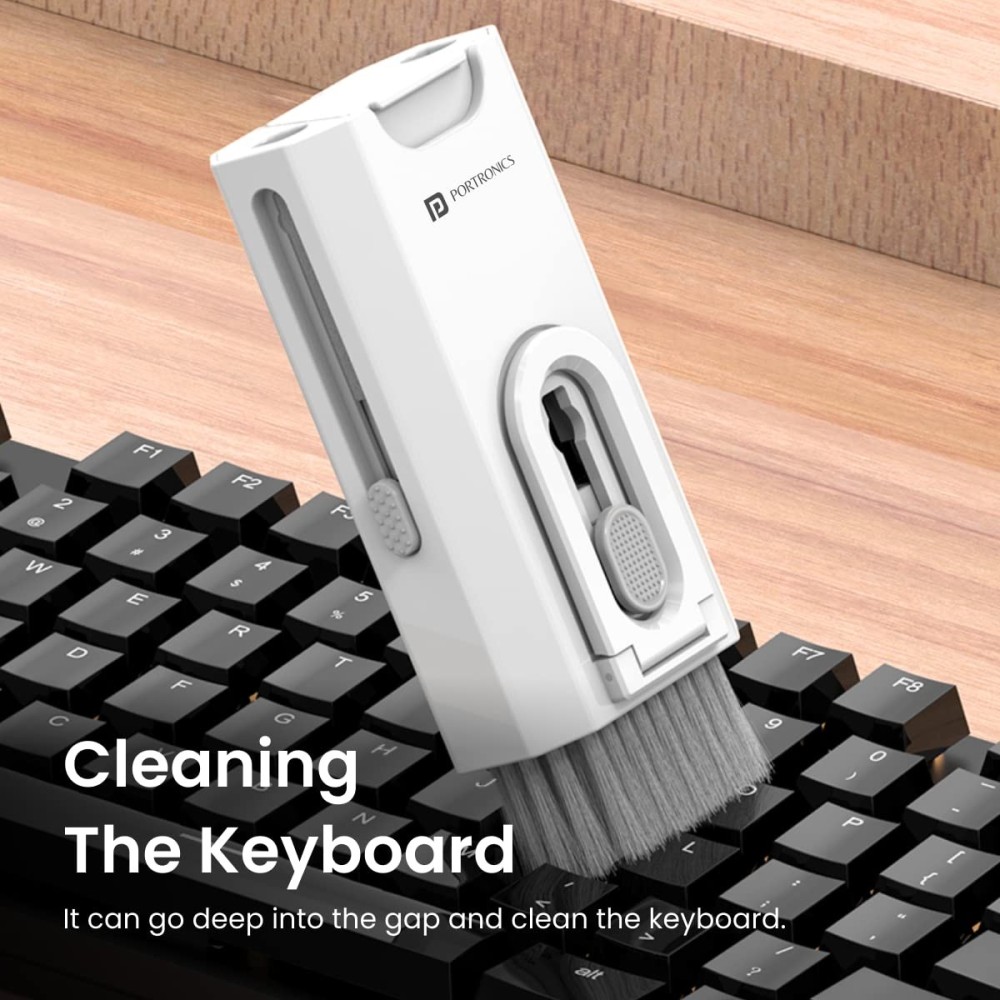 Portronics Clean M, 8-in-1 Multifunctional Gadget Cleaning Kit with Mobile Holder for Smartphones, Tablets, Laptops & Earbuds – Portable Electronics Cleaning Kit – (White)