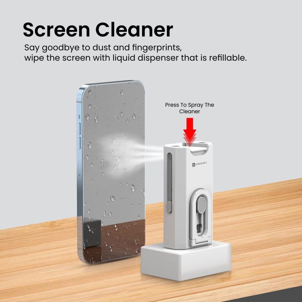 Portronics Clean M, 8-in-1 Multifunctional Gadget Cleaning Kit with Mobile Holder for Smartphones, Tablets, Laptops & Earbuds – Portable Electronics Cleaning Kit – (White)