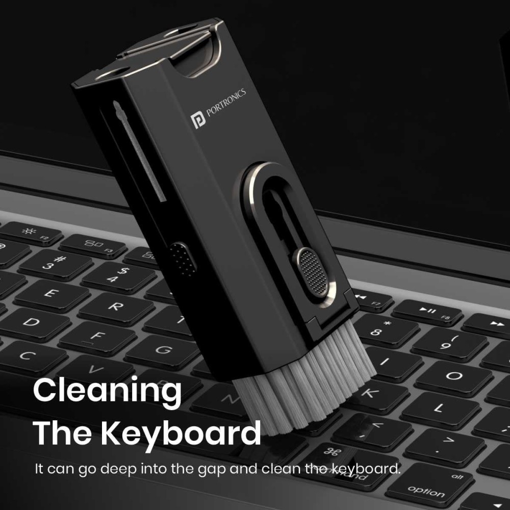 Portronics Clean M, 8-in-1 Multifunctional Gadget Cleaning Kit with Mobile Holder for Smartphones, Tablets, Laptops & Earbuds – Portable Electronics Cleaning Kit – (Black)