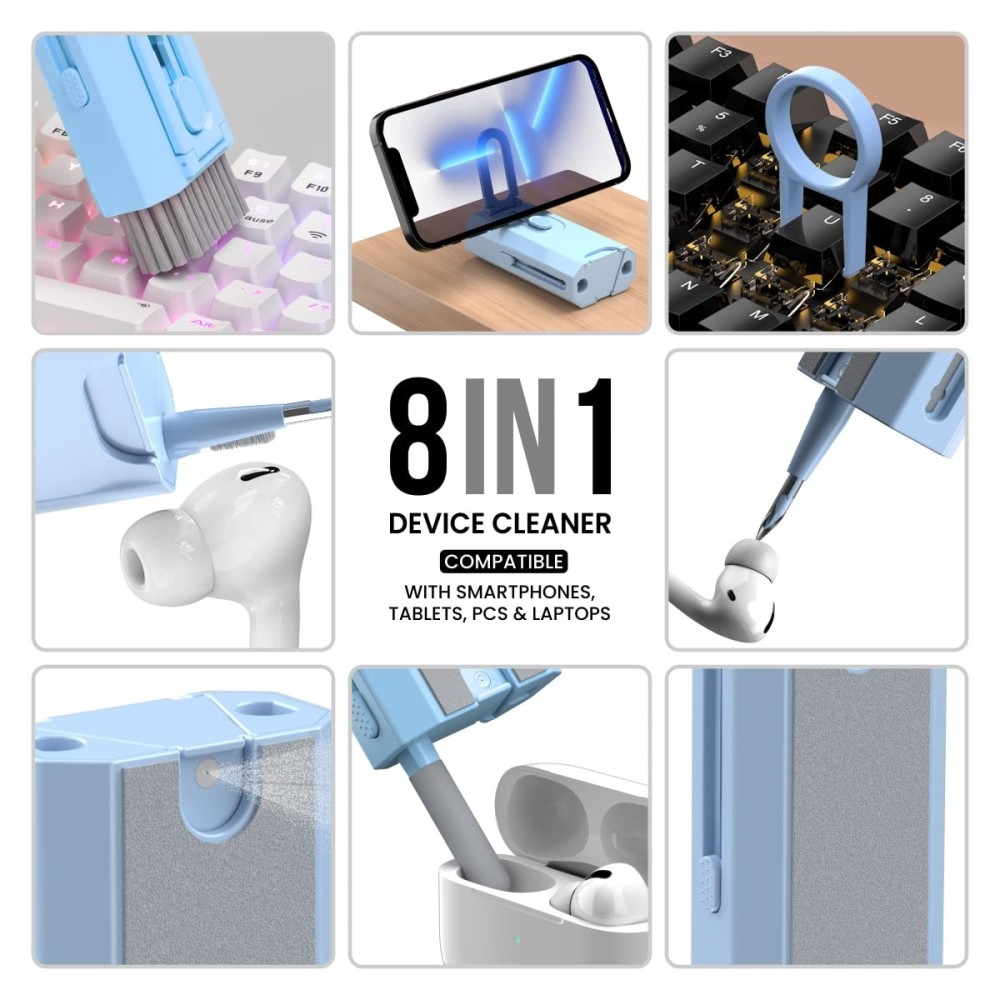 Portronics Clean M, 8-in-1 Multifunctional Gadget Cleaning Kit with Mobile Holder for Smartphones, Tablets, Laptops & Earbuds – Portable Electronics Cleaning Kit – (Blue)