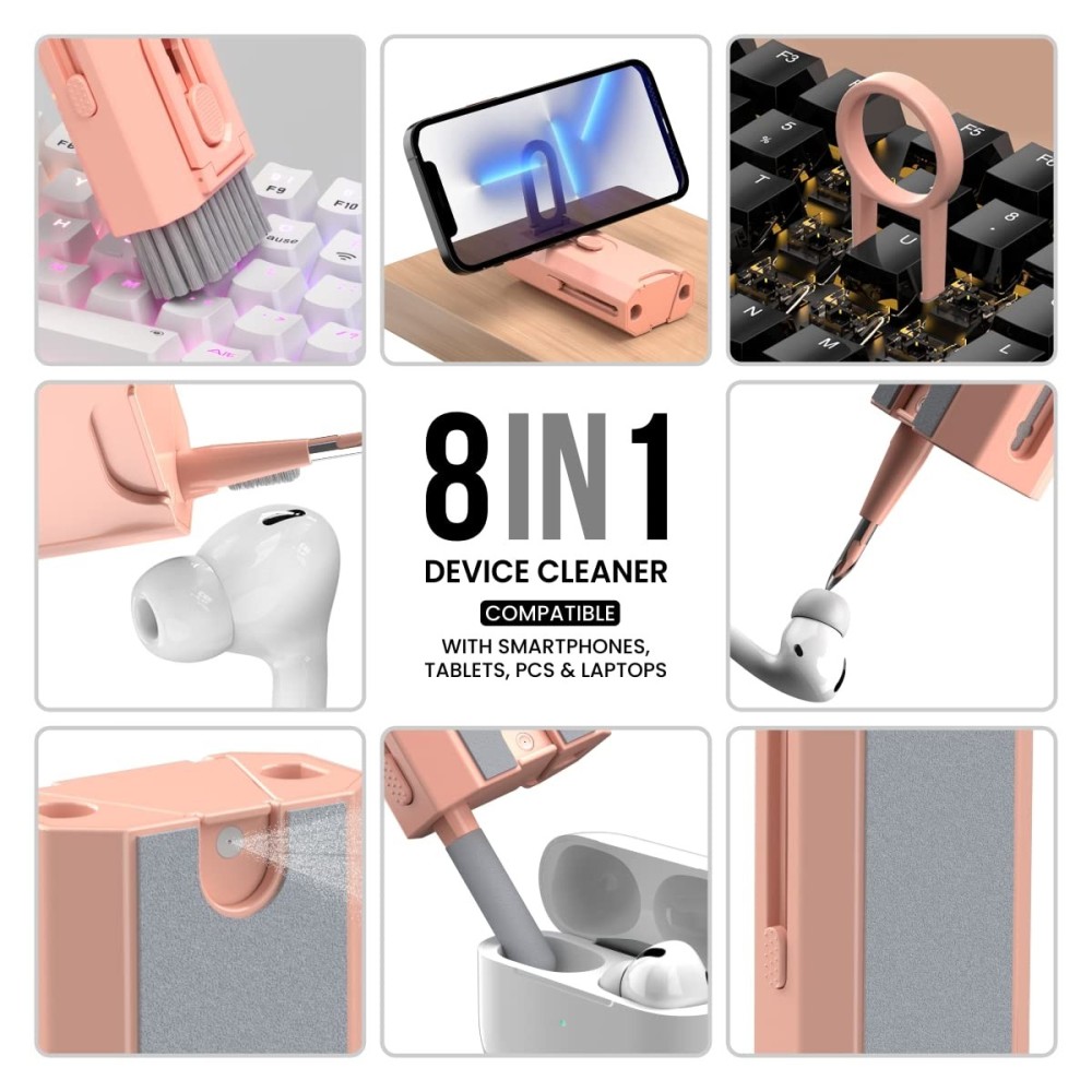Portronics Clean M, 8-in-1 Multifunctional Gadget Cleaning Kit with Mobile Holder for Smartphones, Tablets, Laptops & Earbuds – Portable Electronics Cleaning Kit – (Pink)