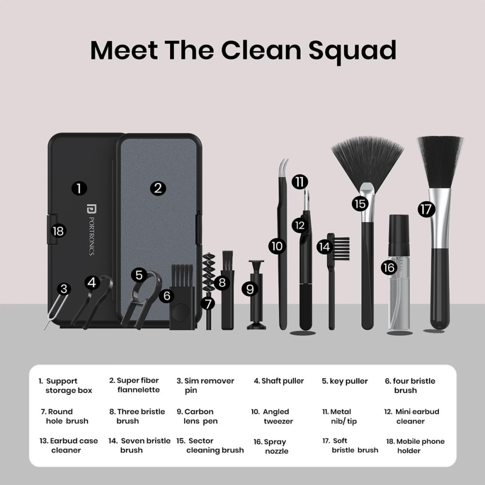 Portronics Clean N 18-in-1 Smart Gadget Cleaning Kit for Smartphones, Tablets, Laptops & Earbuds, Multi-Functional Electronics Cleaning Set with Cleaning Tools – (Black)