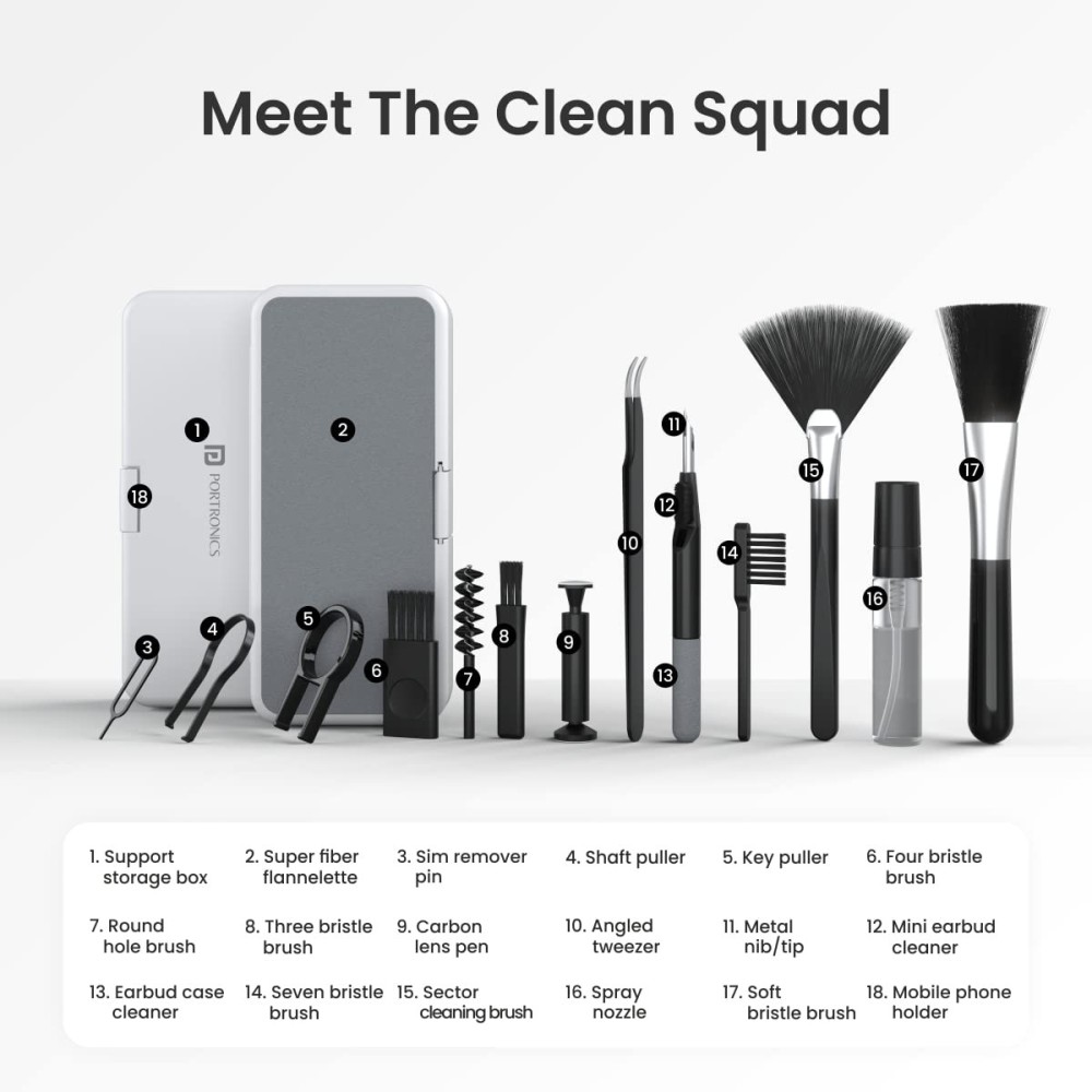 Portronics Clean N 18-in-1 Smart Gadget Cleaning Kit for Smartphones, Tablets, Laptops & Earbuds, Multi-Functional Electronics Cleaning Set with Cleaning Tools – (White)