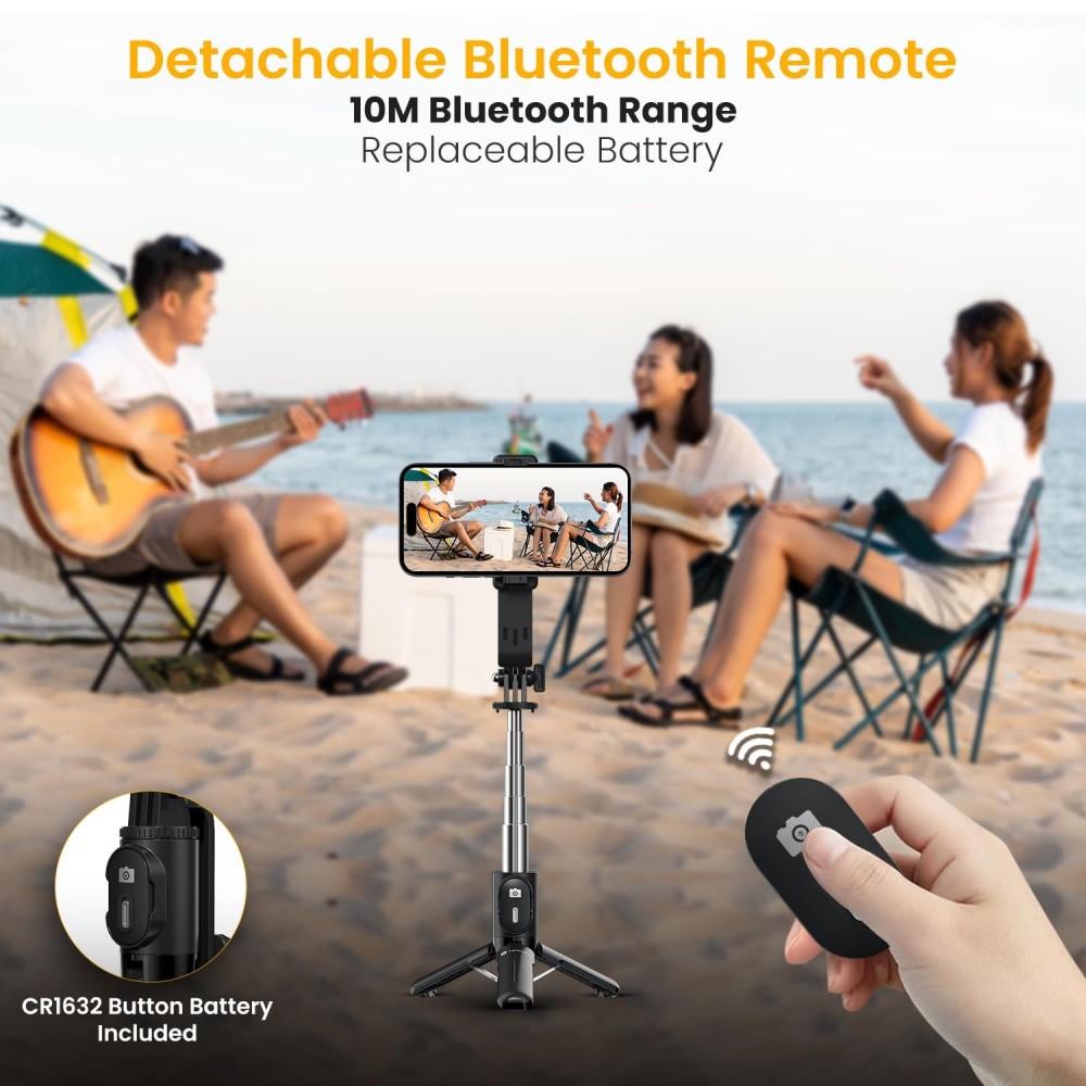 Portronics Lumistick Mini 3-in-1 Extendable Selfie Stick with Wireless Detachable Bluetooth Remote & Tripod Stand, Portable Lightweight Selfie Stick for iPhone, Android & All Smartphones – (B