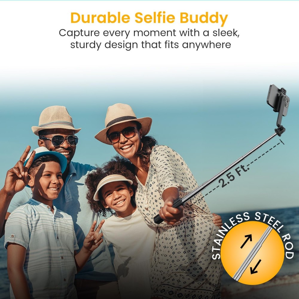 Portronics Lumistick Mini 3-in-1 Extendable Selfie Stick with Wireless Detachable Bluetooth Remote & Tripod Stand, Portable Lightweight Selfie Stick for iPhone, Android & All Smartphones – (B