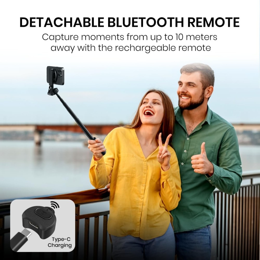 Portronics Lumistick Snap Magnetic Selfie Stick with Quadripod Tripod Stand, Detachable Bluetooth Remote, 360° Rotation, Metal Ring, Foldable & Travel-Friendly for iPhone and Android – (Black