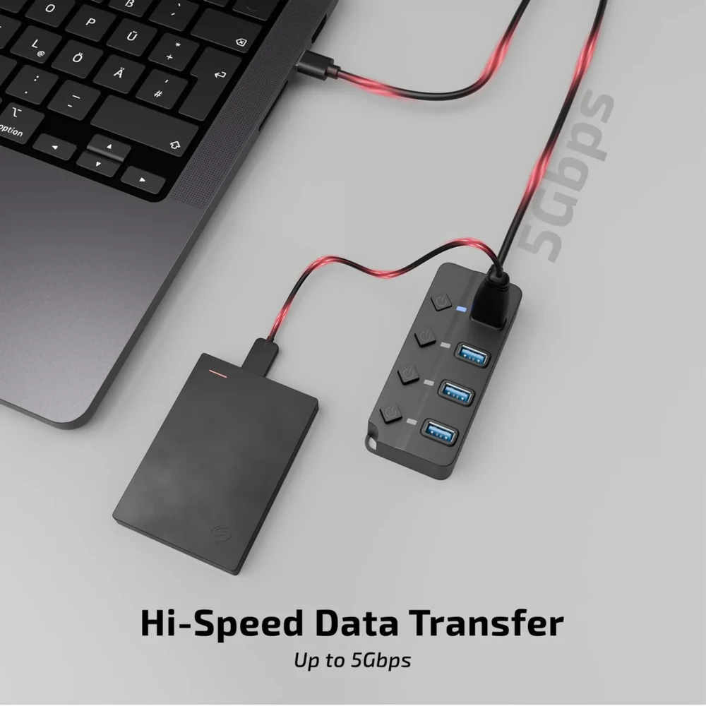 iBall Hubix 30 USB Hub with 4 USB 3.0 Ports, 5Gbps High-Speed Data Transfer, Individual Switches, LED Indicators and 1 Meter Cable – (Black)