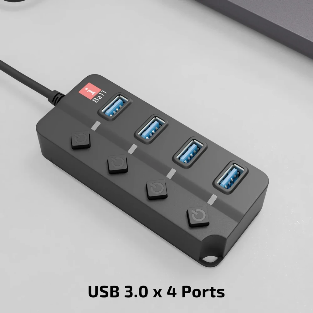 iBall Hubix 30 USB Hub with 4 USB 3.0 Ports, 5Gbps High-Speed Data Transfer, Individual Switches, LED Indicators and 1 Meter Cable – (Black)
