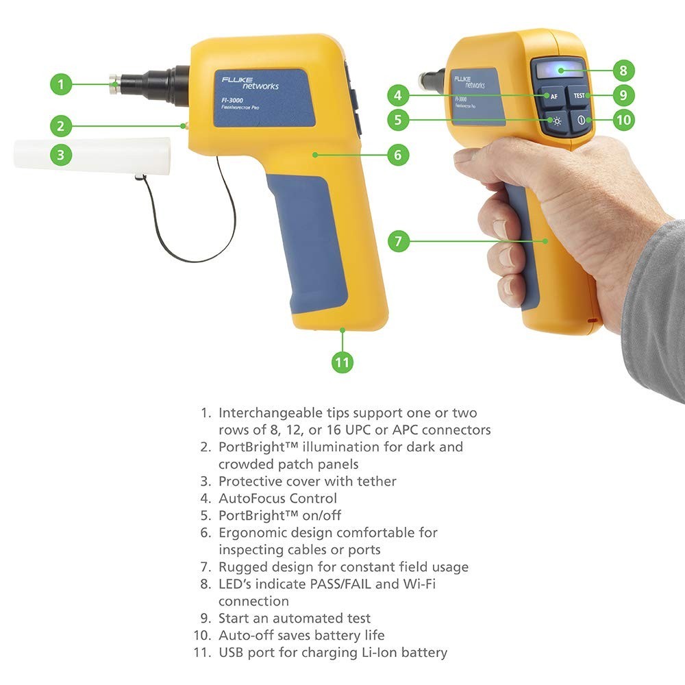 Fluke Networks FI-3000 Fiber Inspector Pro Inspection Camera | MPO Live View | Automated Pass/Fail | iPhone, Android & Versiv Compatible
