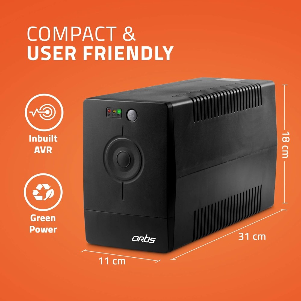 Artis PS-1000Eco 1000VA / 600W Line Interactive UPS with AVR (Automatic Voltage Regulation), Dual 12V 7Ah Batteries
