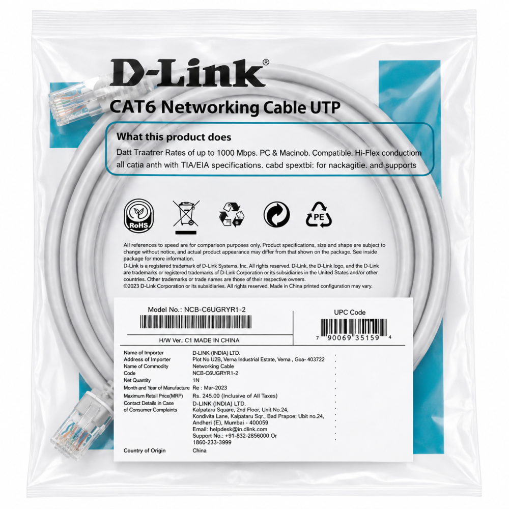 D-Link RJ45 Cat 6 Cable Patch Cord for Modem (Grey, 2 m), 2M